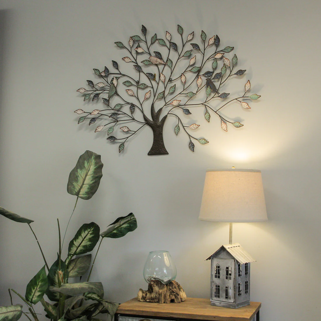 36 inch Tri Tone Leaves Birds In Branches Metal Tree Indoor Outdoor Wall Hanging - Lite Weight - Image 4