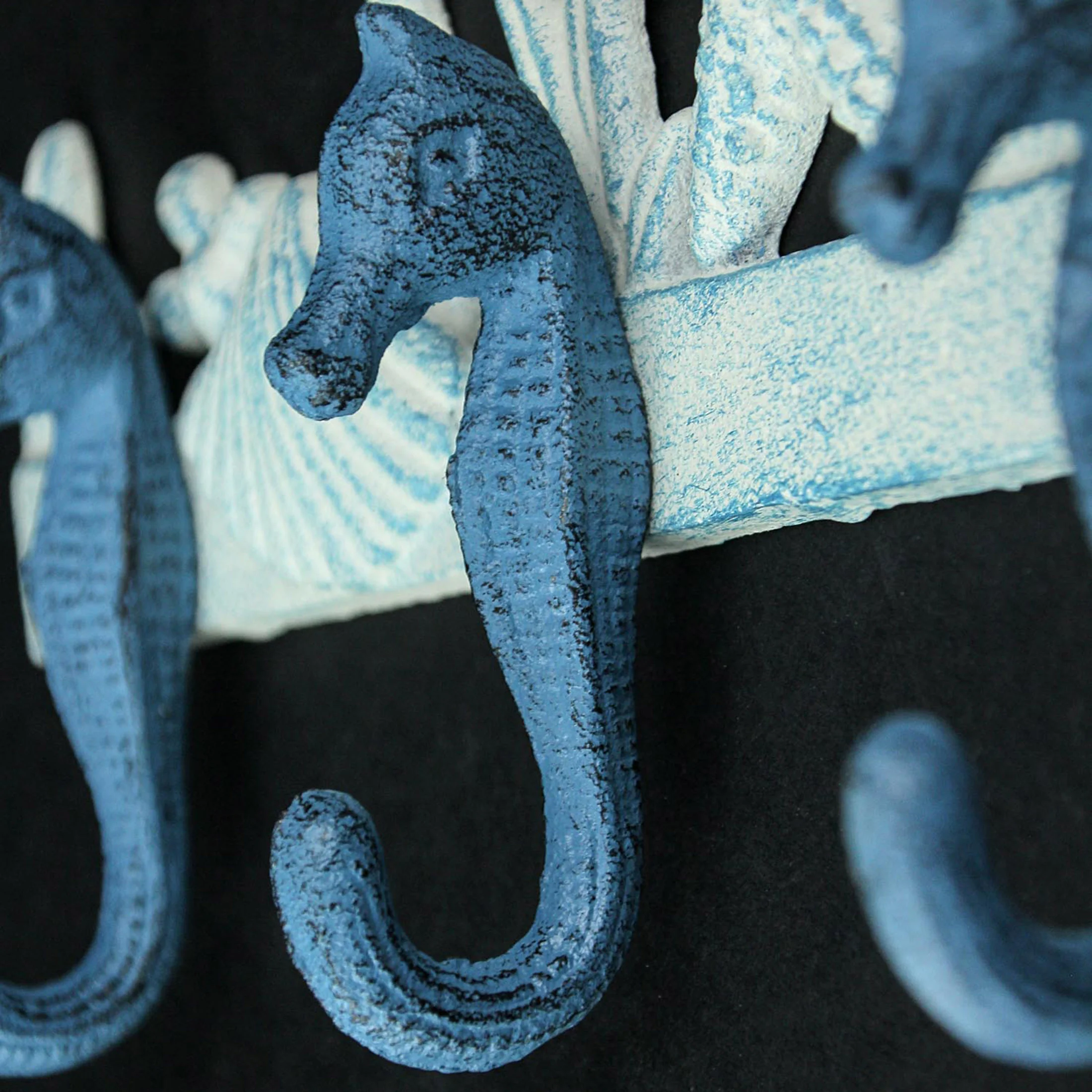 Blue And White Cast Iron Seahorses Decorative Wall Hook Nautical Sea Life Hanging Towel or Coat Rack Beach Home Coastal Accent Decor - Image 5