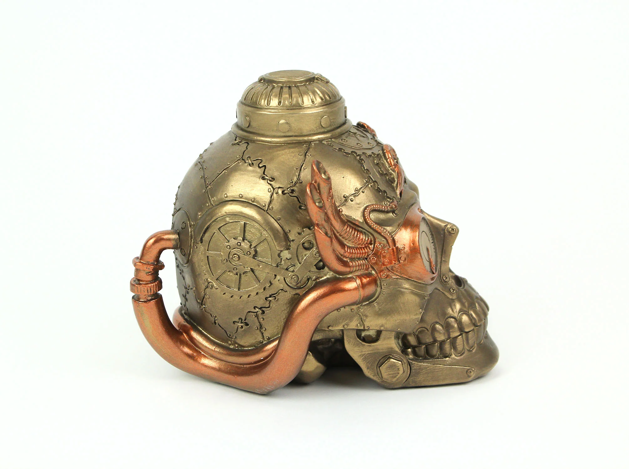 Antique Bronze Finish Steampunk Cyborg Human Skull Tabletop Statue 7 Inches Long - Image 4