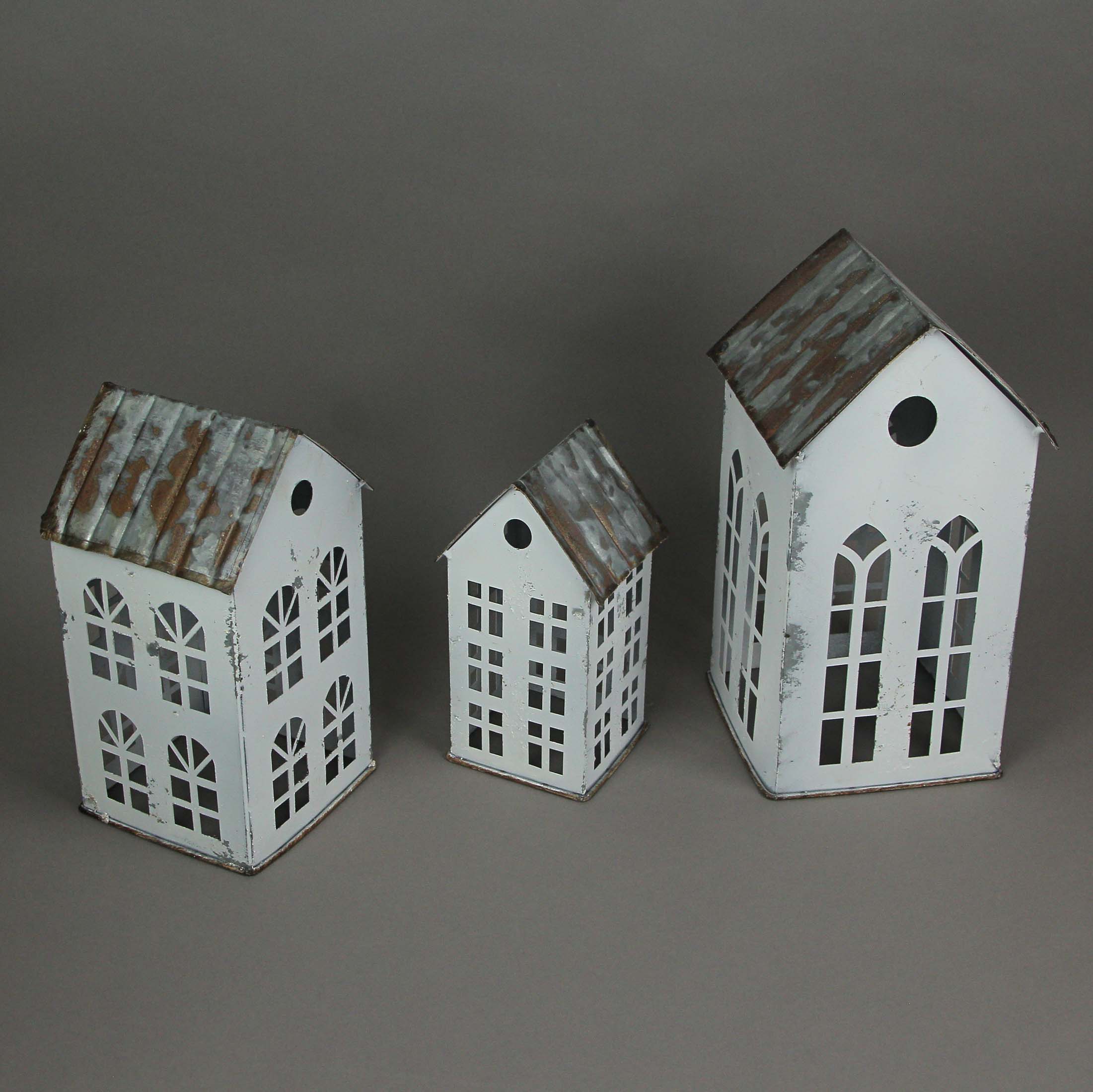 Set of 3 Rustic Country Farmhouse White Metal House Shaped Candle Holders - Image 6