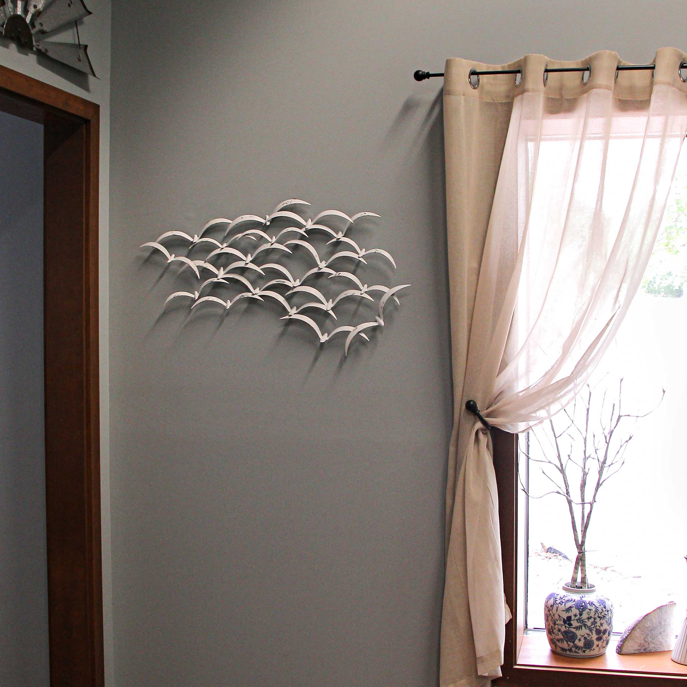 32 Inch White Metal Flock Of Birds Wall Art Modern Coastal Home Decor Sculpture - Image 4